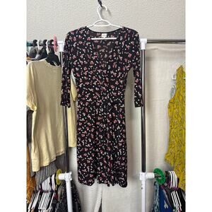 BN #27 Kaileigh Size M Black Floral Faux Wrap Dress – 3/4 Sleeve with Tie Waist